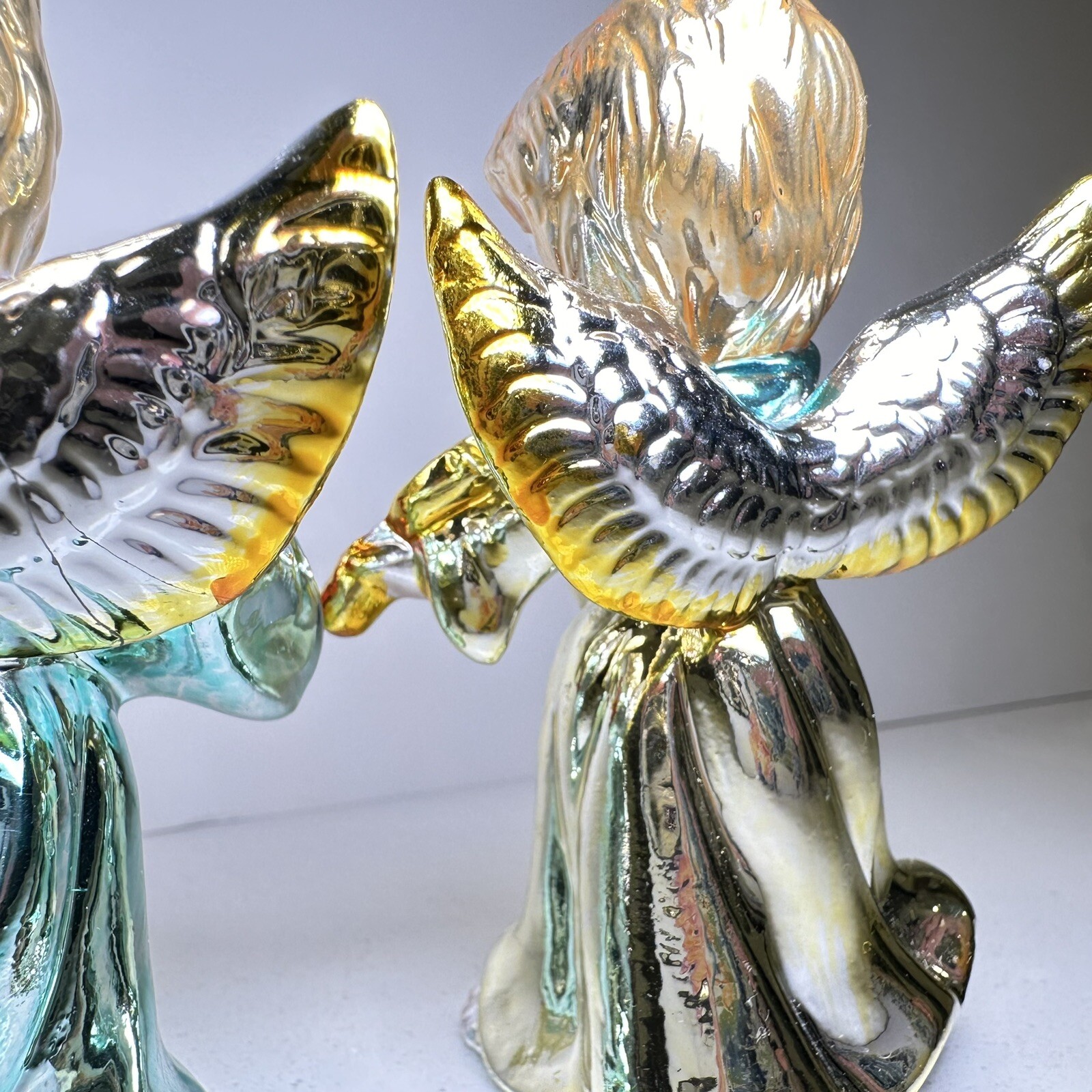 Vintage set of 4 Ceramic Musician Angels w/Gold And Multi Colored Metallic