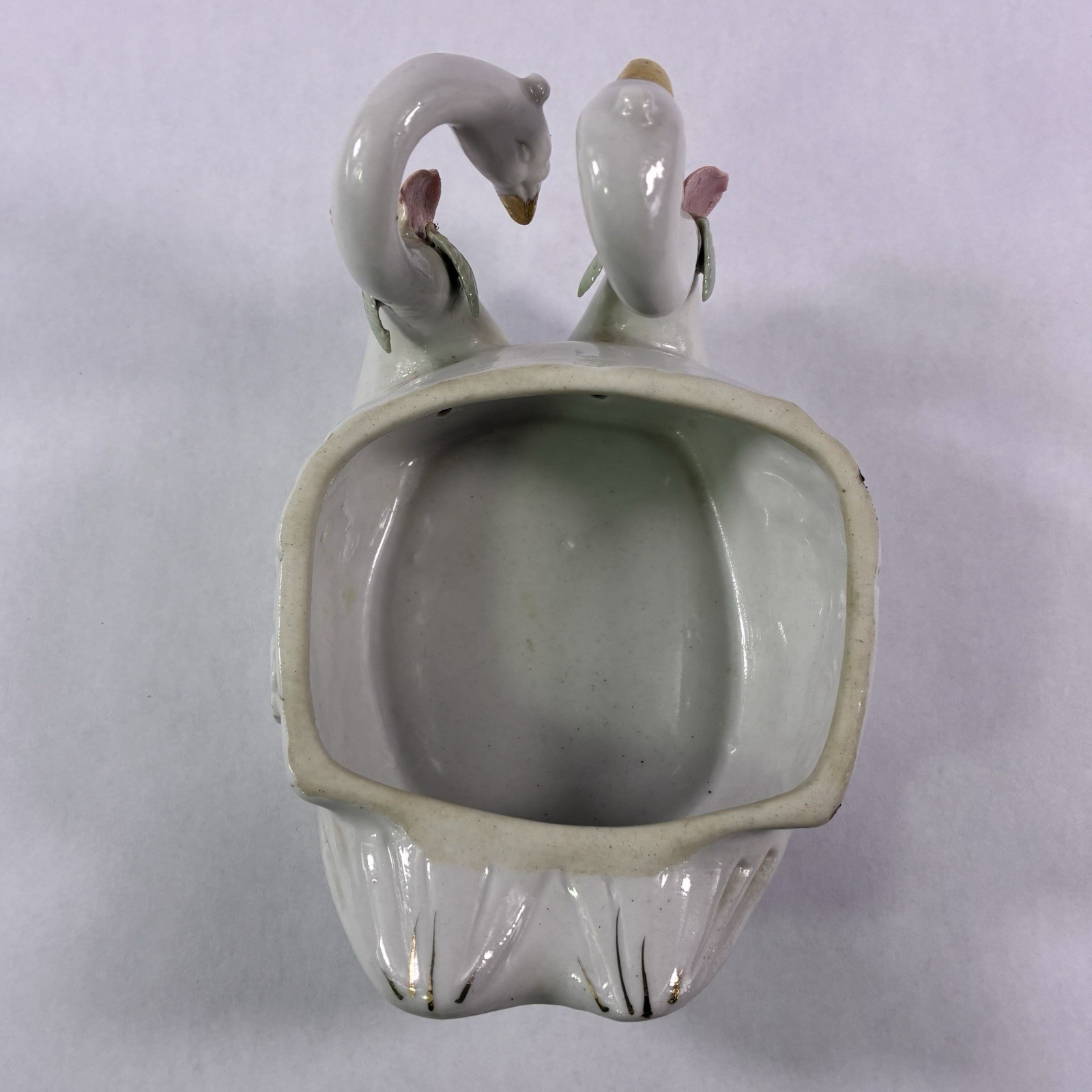Vintage 2 Swans Trinket Dish Figurine Porcelain Roses Small Flowers Decor