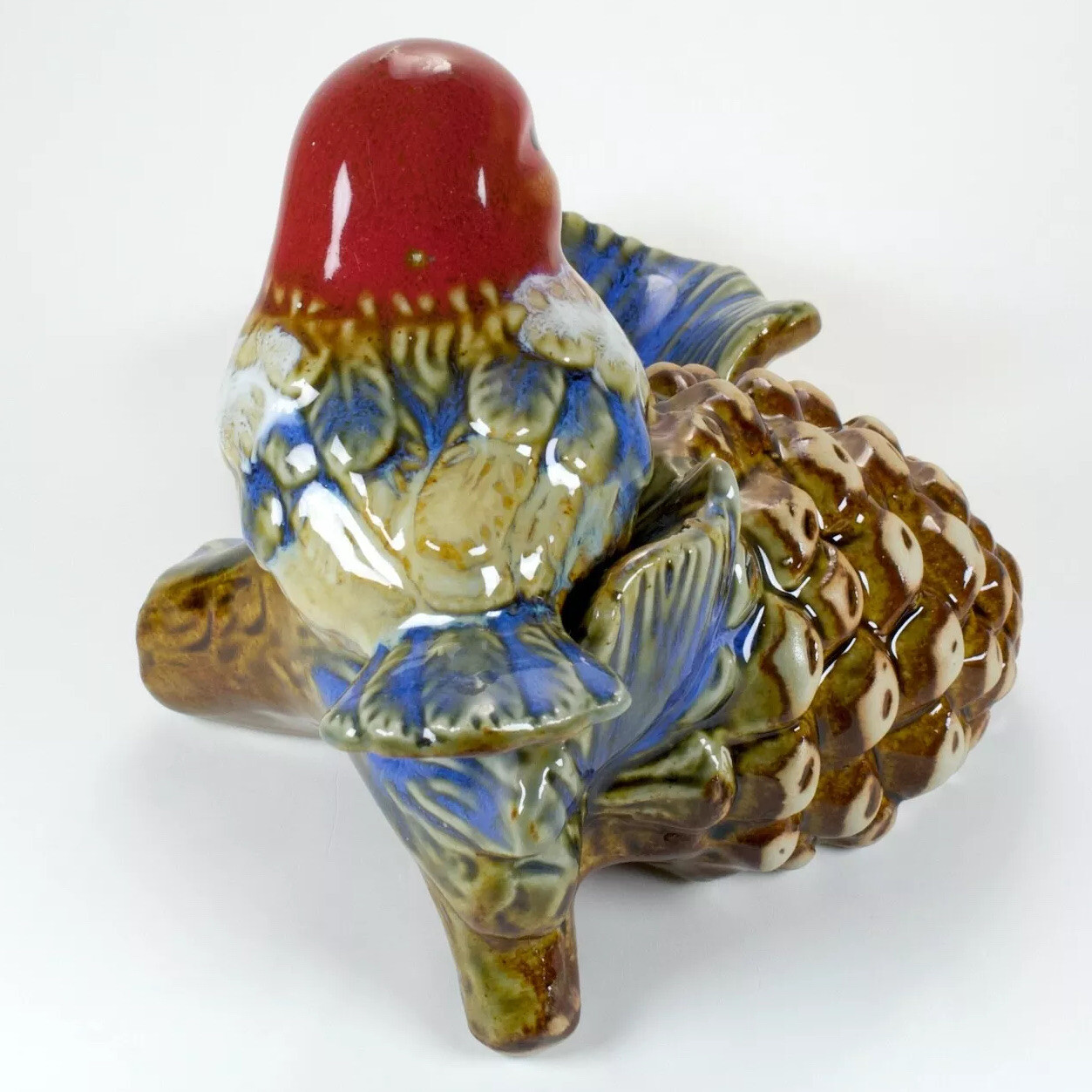 Colorful Redhead Bird on Pinecone Figurine Ring Holder Birder Gift Shiny Ceramic