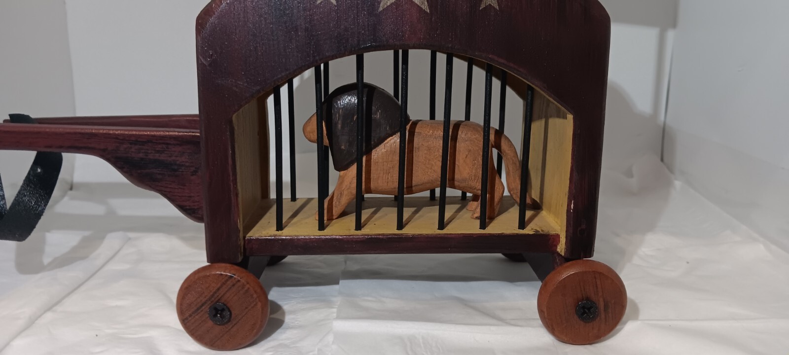 Vintage Handmade Wood Carved Circus Cart With Wood Lion
