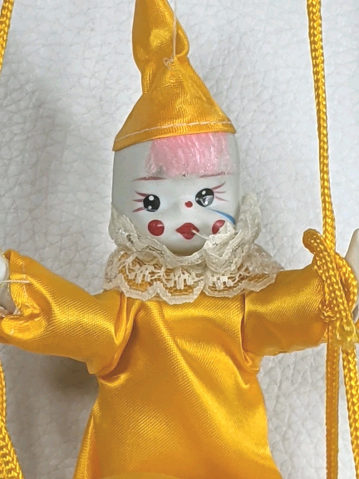 Bisque Hanging Clown Doll Rainbow Hot Air Balloon Poseable Arms Yellow Satin Vtg