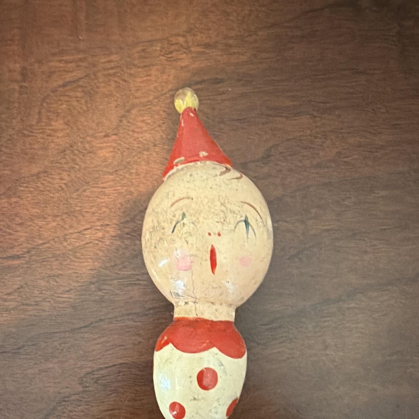 VINTAGE 1900-1919 Hand Painted Wood Clown Figurine on Stand Polka Dot antique