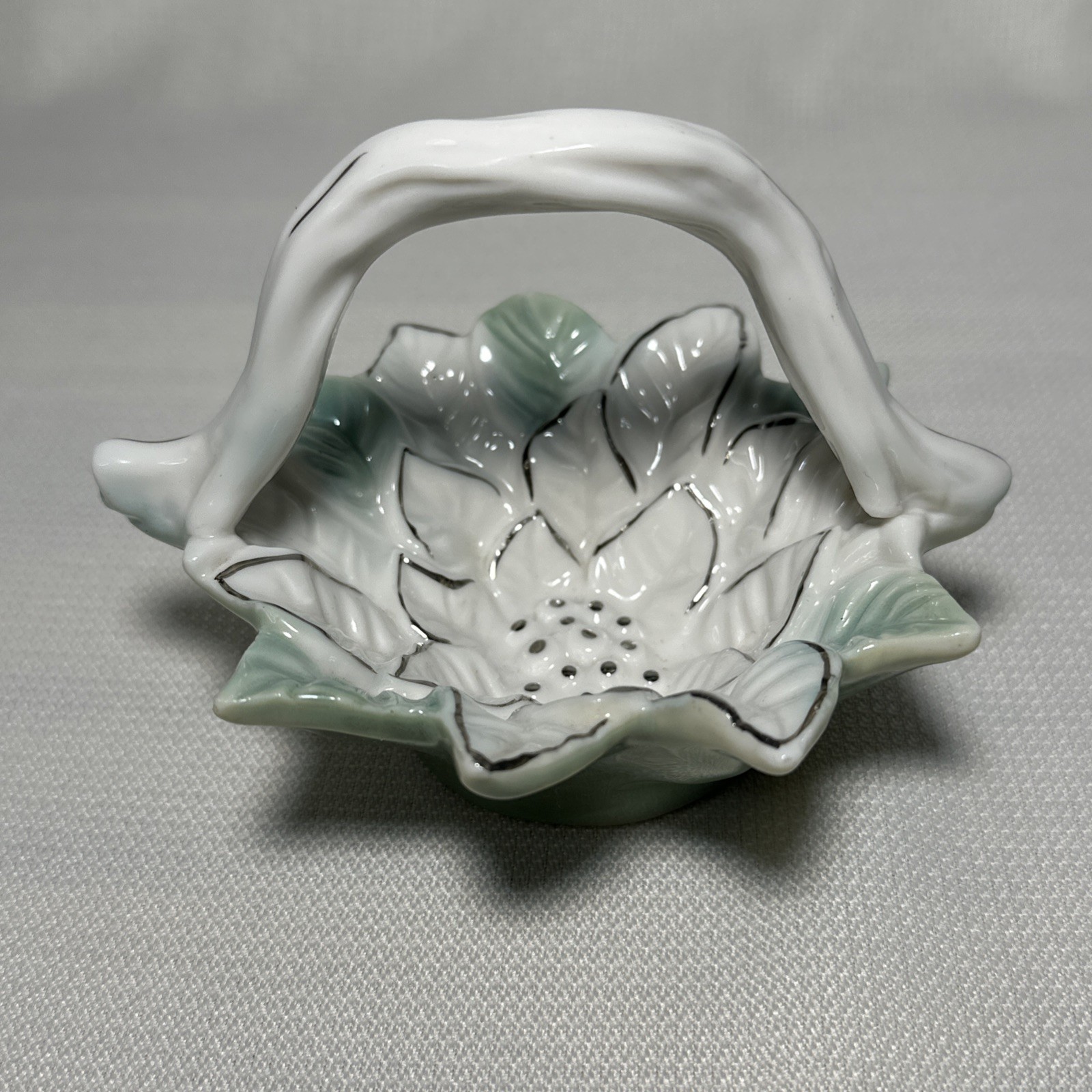 Small Porcelain Handled Basket White Green Flower Silver Accent Glazed 5″x4”