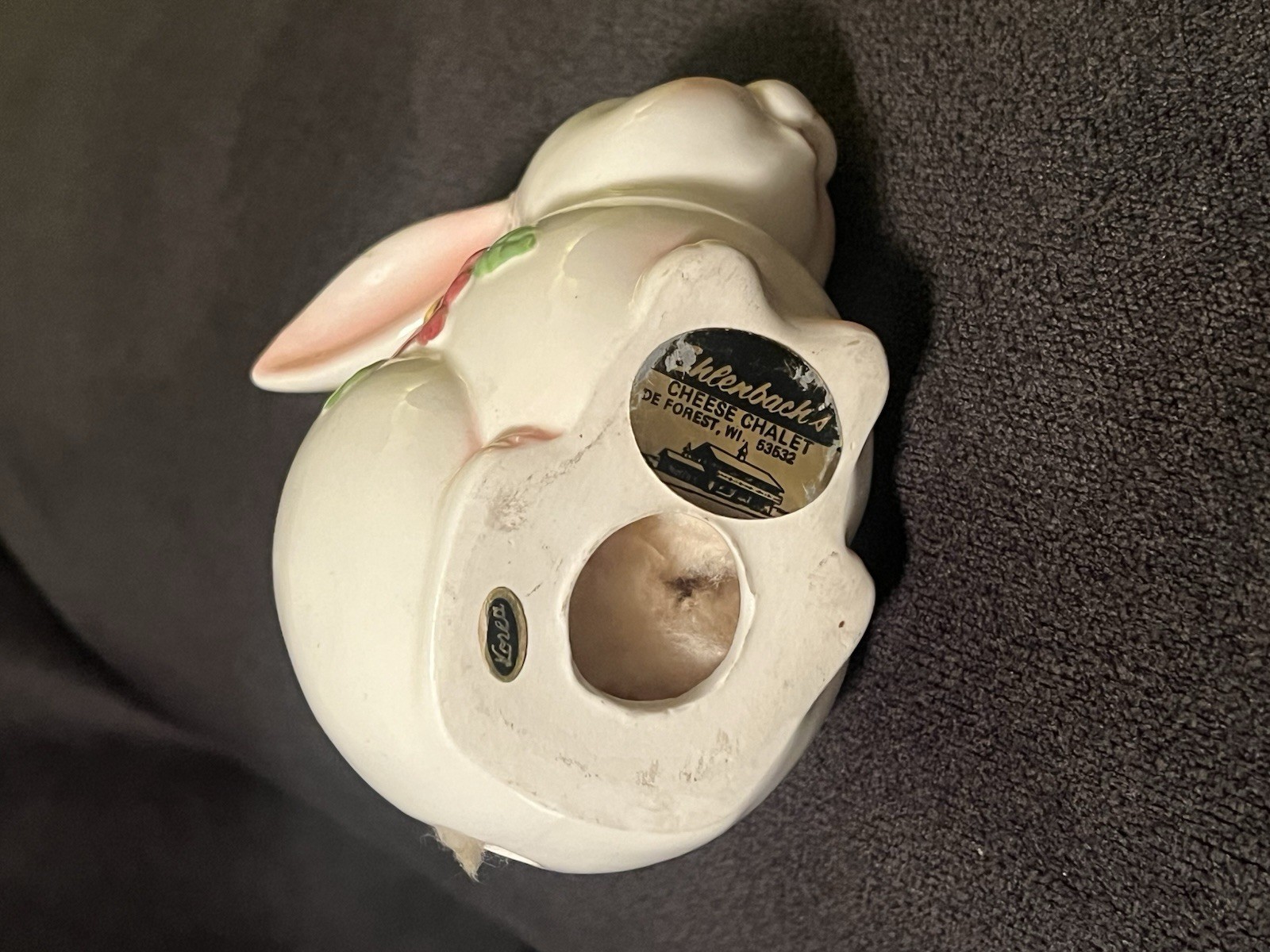 Vintage Ceramic Bunny Rabbit Cotton Ball Holder White Floral #hse