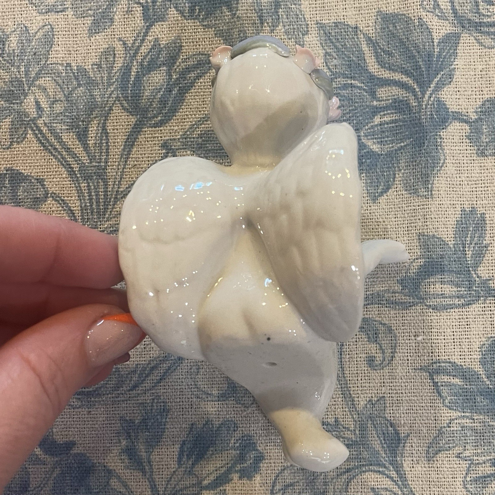 Vintage Porcelain Cherub Angel Shelf Sitter Figurine White Rose Crown Halo Ledge