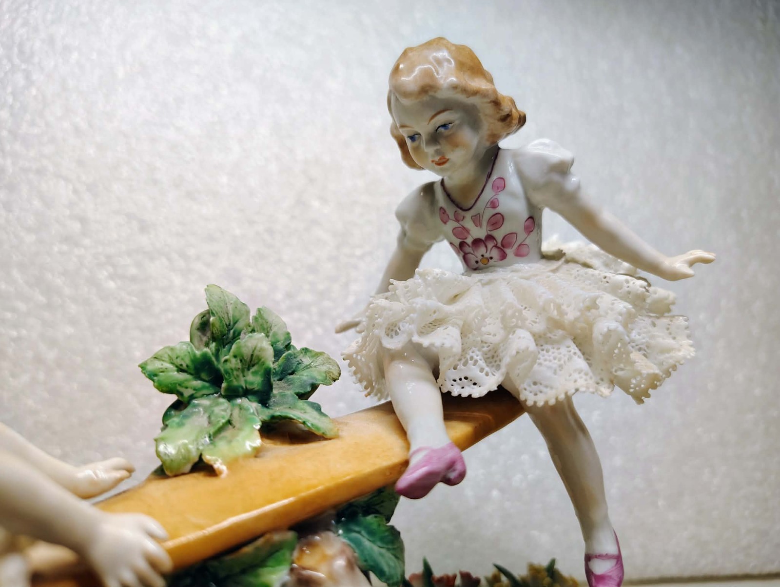 Antique 1850’s German Dresden Lace Sitzendorf Porcelain Girls on Seesaw Figurine