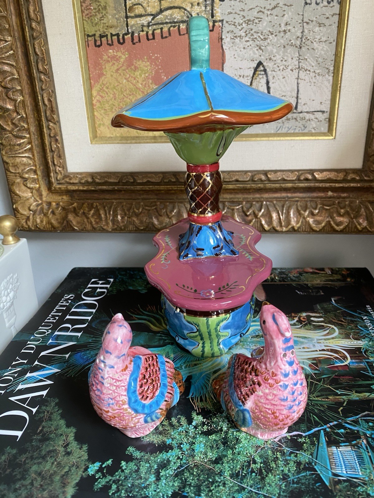 Tracy Porter Pagoda Birds Pheasant Salt & Pepper Pink Gold Gilt Chinoiserie