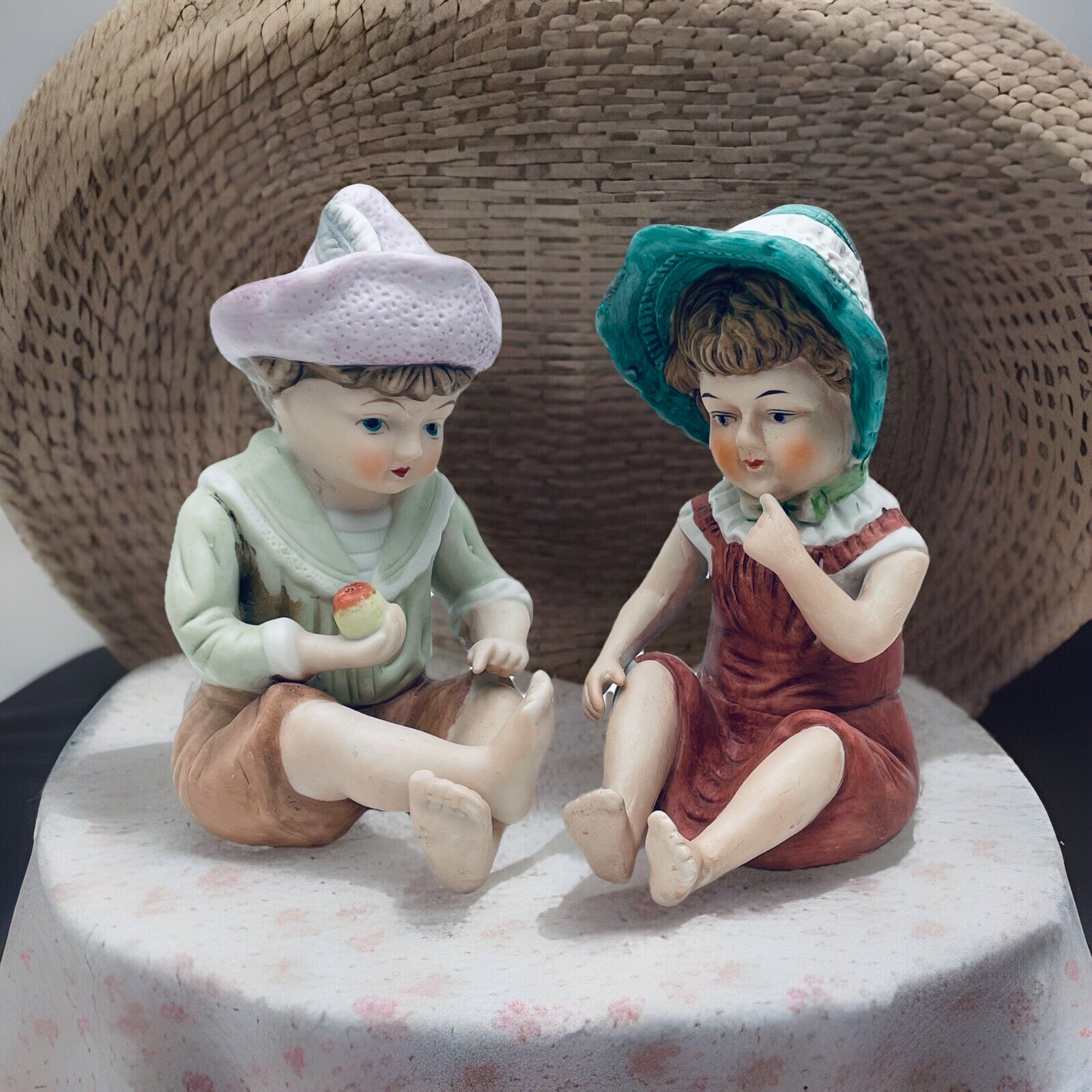 Vintage Medium Porcelain Bisque Piano Babies Boy & Girl Hats Figurines Set/Pair