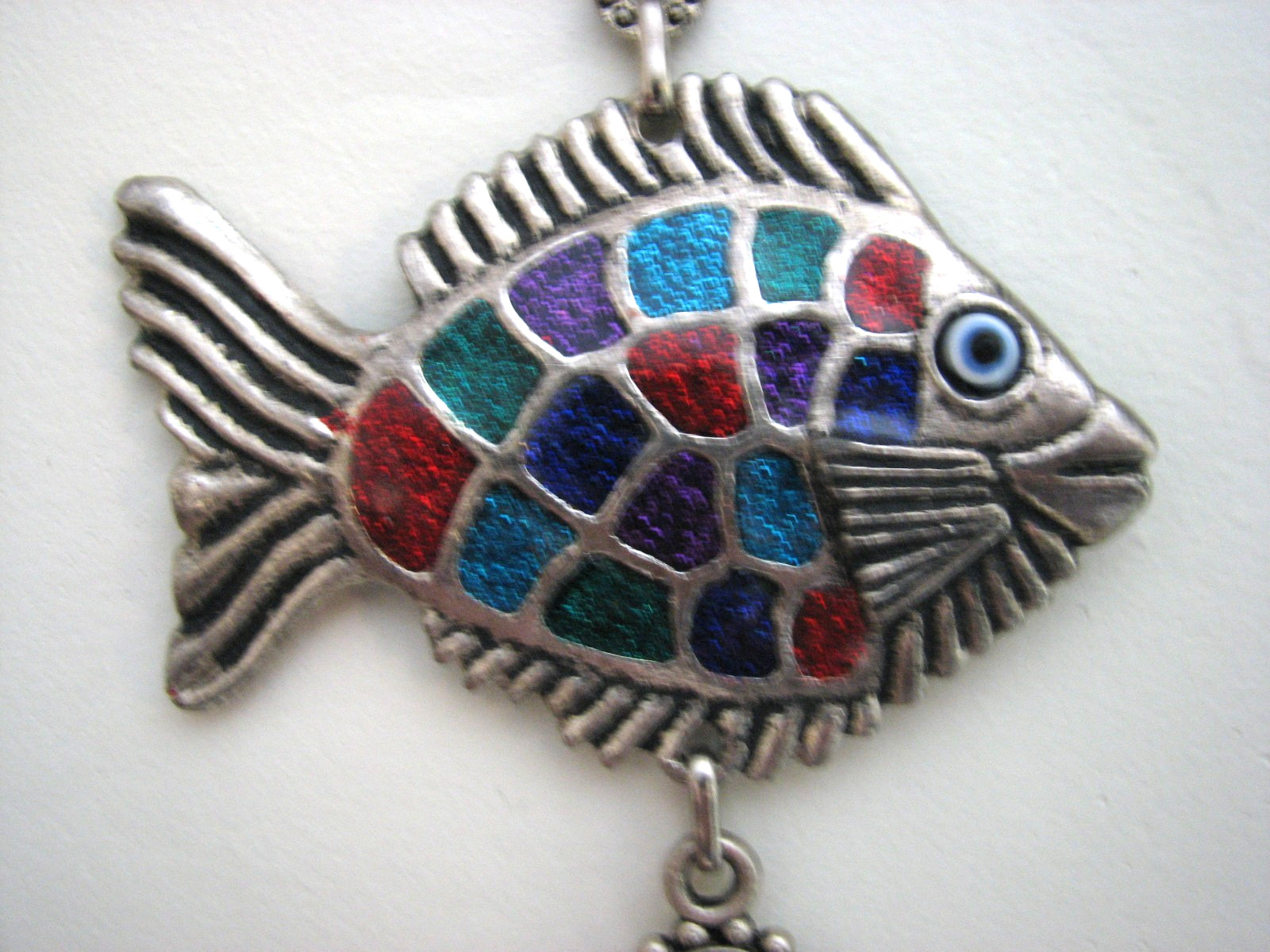Unique Vintage Fish & Evil Eye Amulet Wall Hanging Glass Silver Tone Enamel 12″