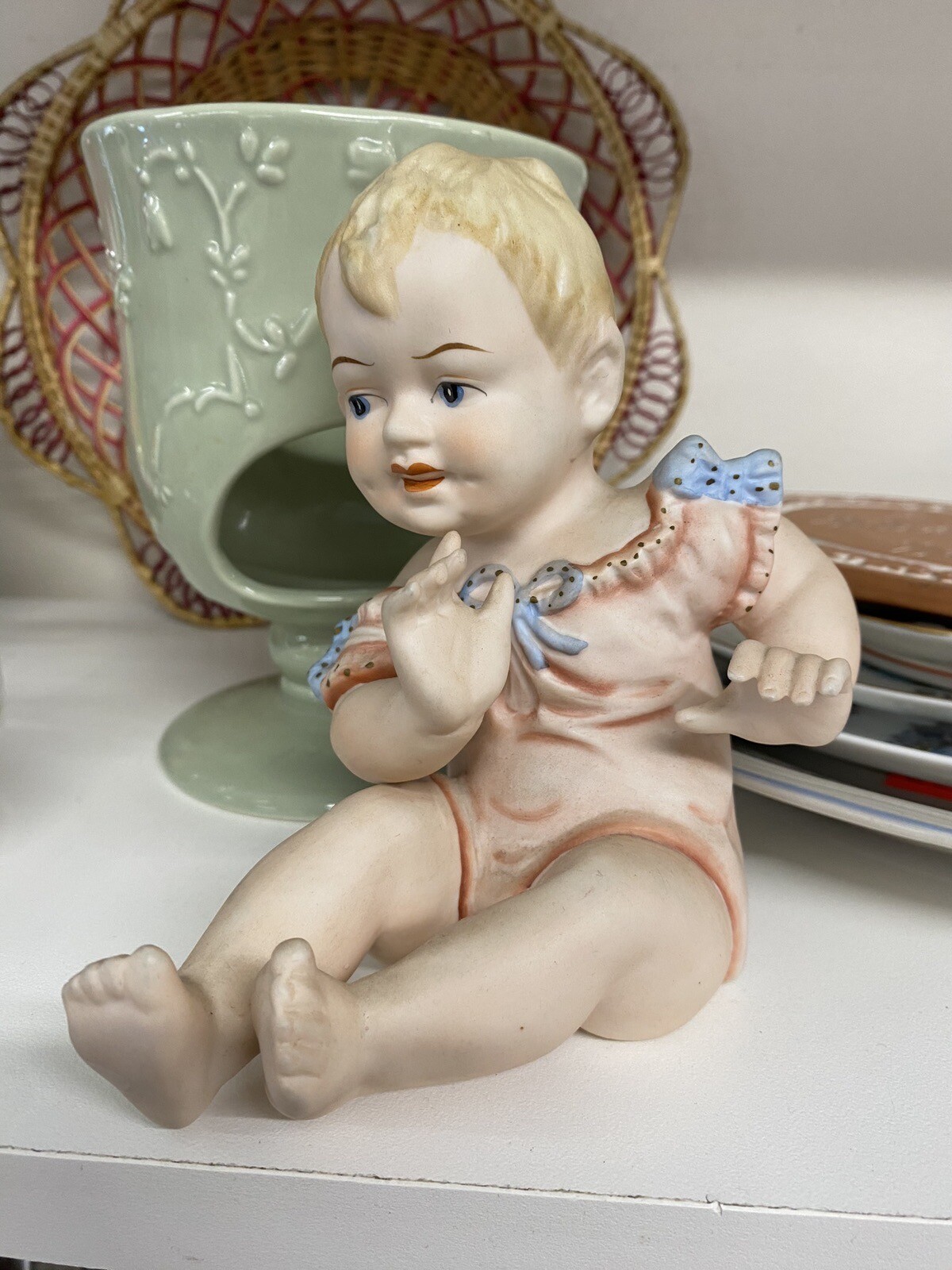 Porcelain Bisque Piano Baby Boy Pink Dress Blue Bows Sitting Up Stamped 23/112