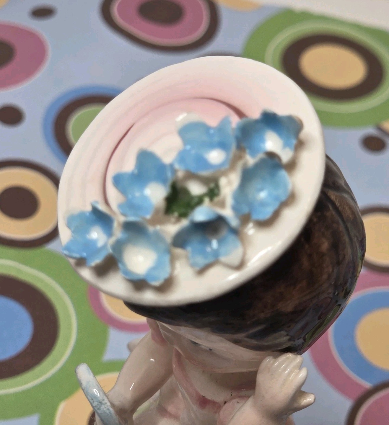 Vtg Lefton Girl Figurine Pink Dress Mirror Flower Hat Ceramic 1448 4.75″ READ