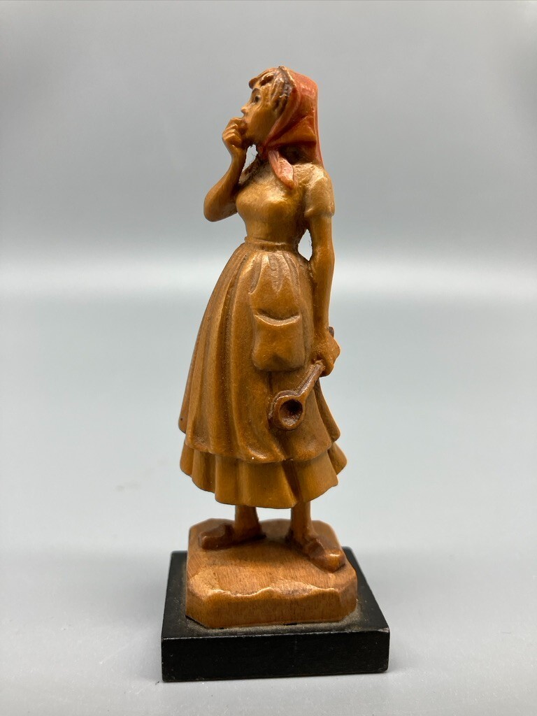VINTAGE ANRI CARVED WOODEN FIGURINE STANDING GIRL WITH SPOON 3 1/4 INCHES TALL
