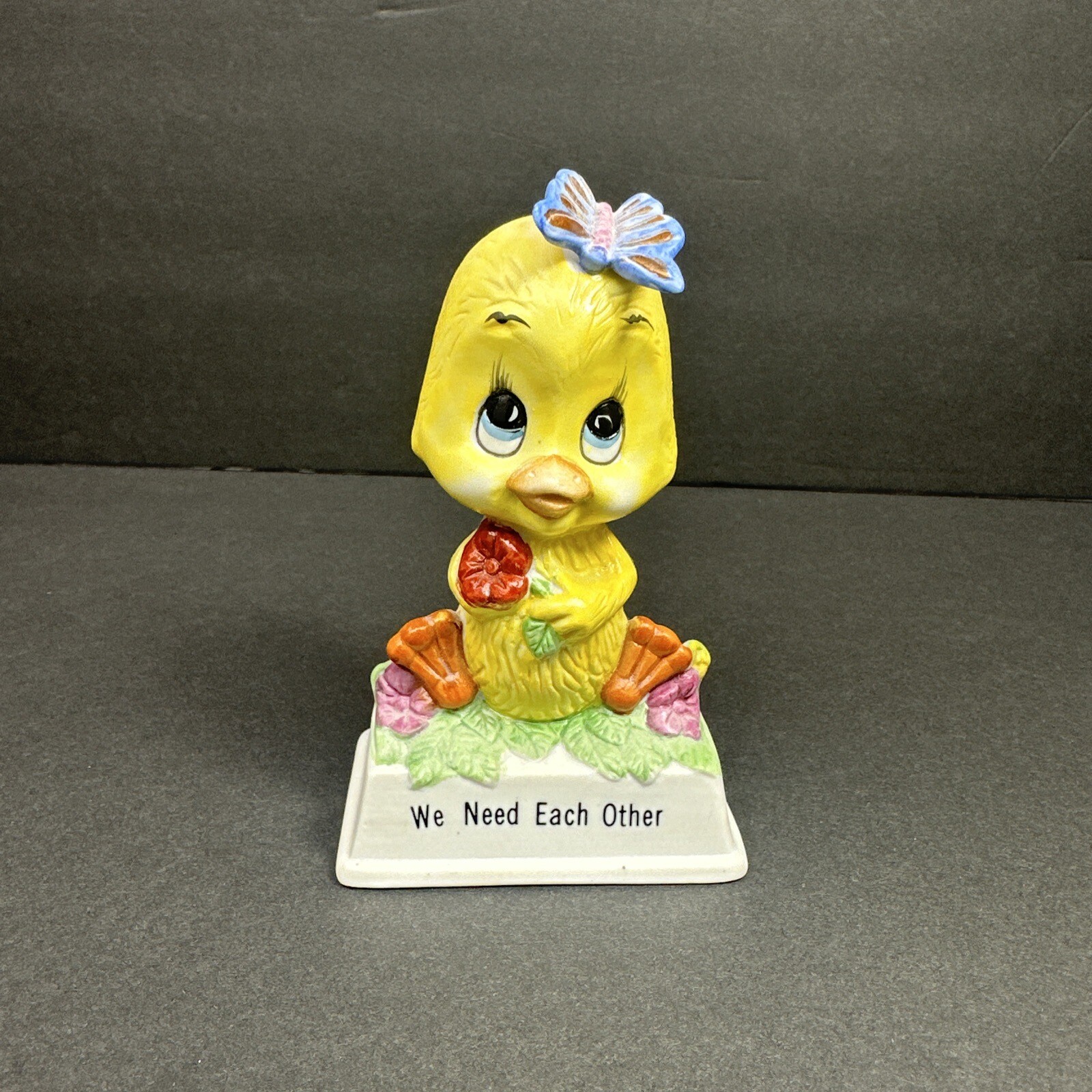 Vtg 1979 Russ Berrie & Co ceramic yellow duck Butterfly We Need Each Other Gift