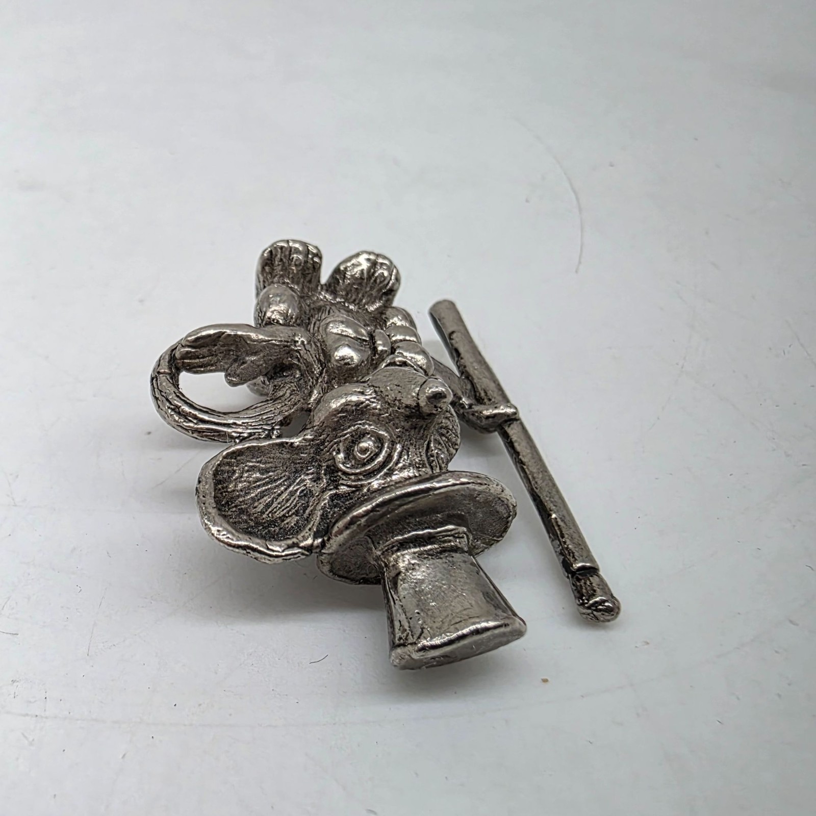 Vintage Silver Tone Mouse Figurine With Top Hat & Cane 1.75″