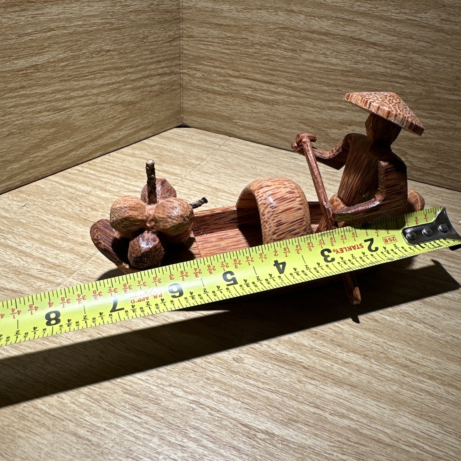 Carved Man Rowing In Wood Boat With Oar – Coconuts On Front Souvenir. Figural