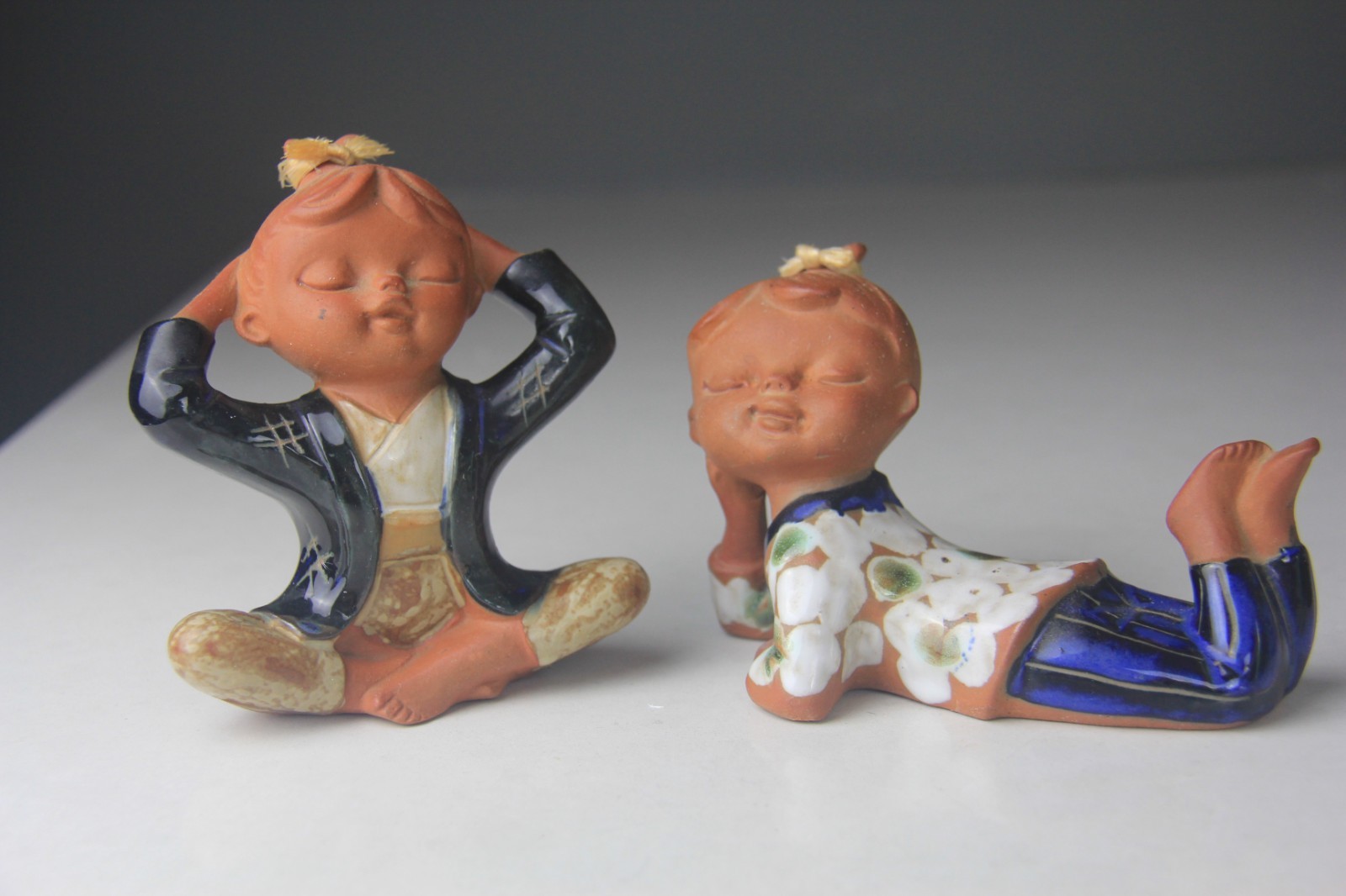 Two Rare Vintage Japanese Clay Bisque Folk Art Figurines