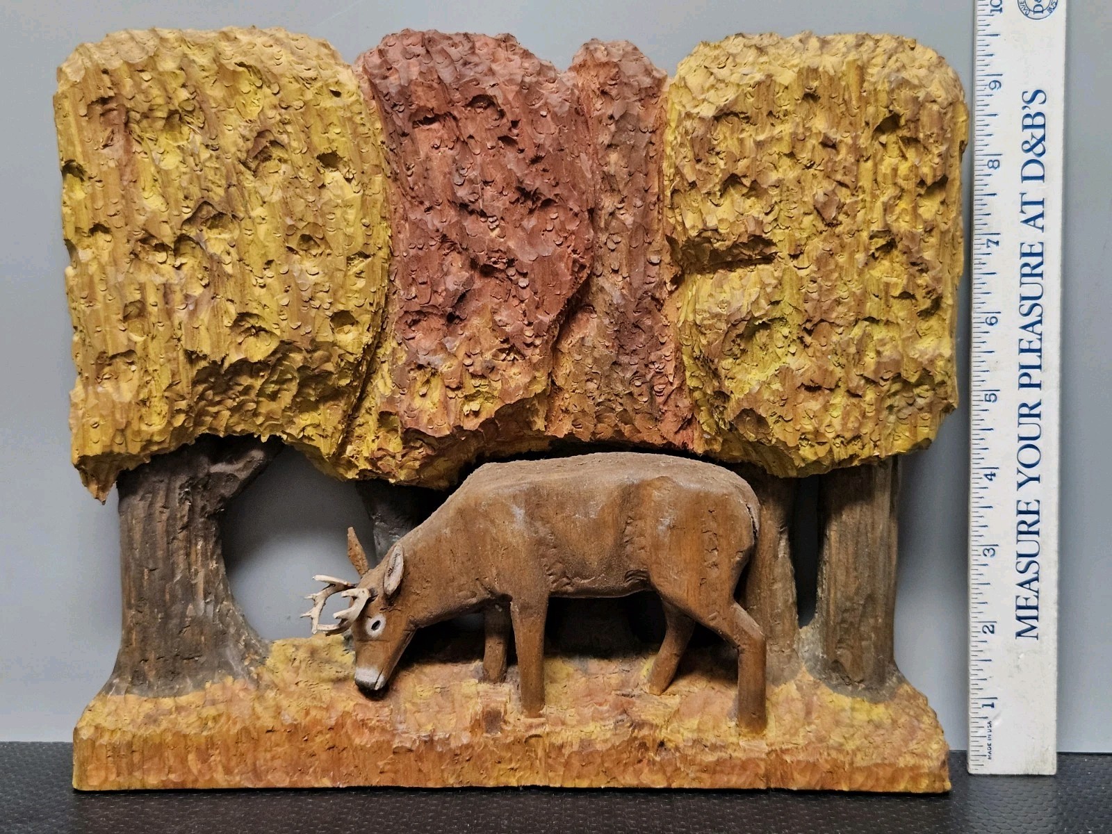 Carved Wood Deer In Autumn Forrest 9.5″ Tall Free Standing 3d Sculpture *Signed*