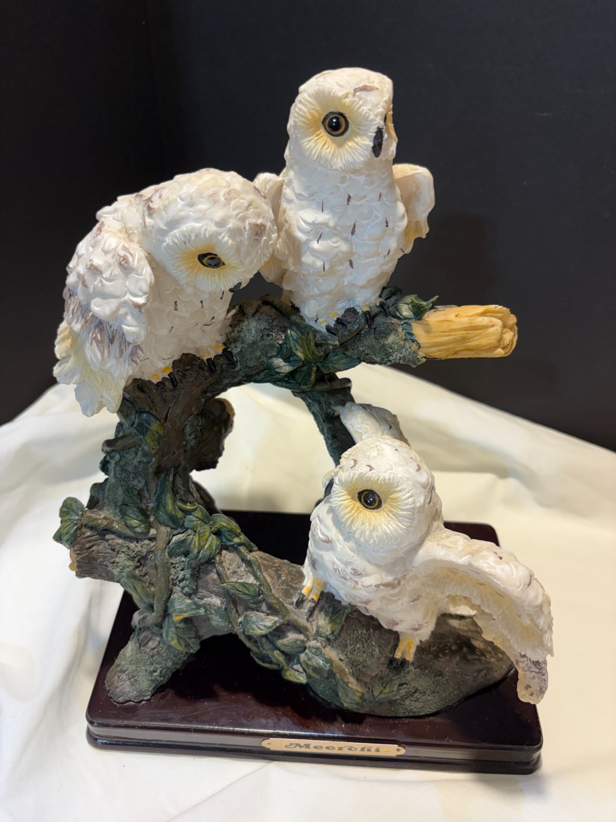 Meerchi 3 White Snow Owls Porcelain Figurine on a Tree Branch MRH- Wood Base
