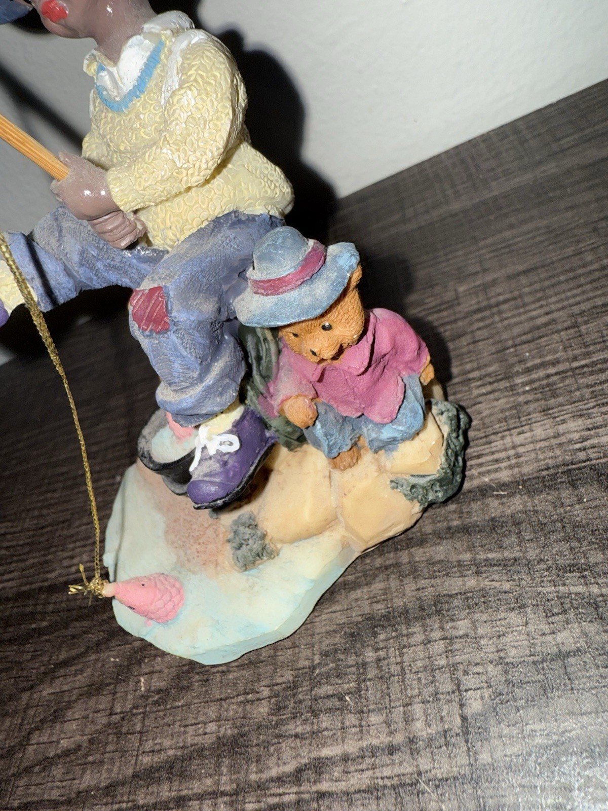 African Americana Young Boy Fishing with Teddy Bear figure Vintage