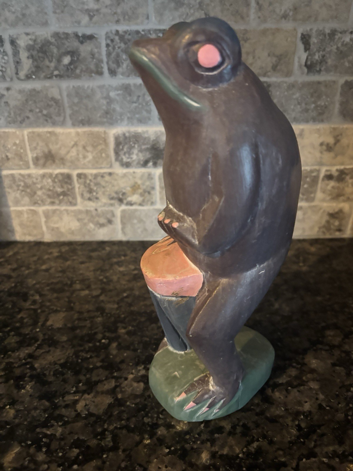 Carved Wood Standing Frog Figure Playing A Drum Hand Painted