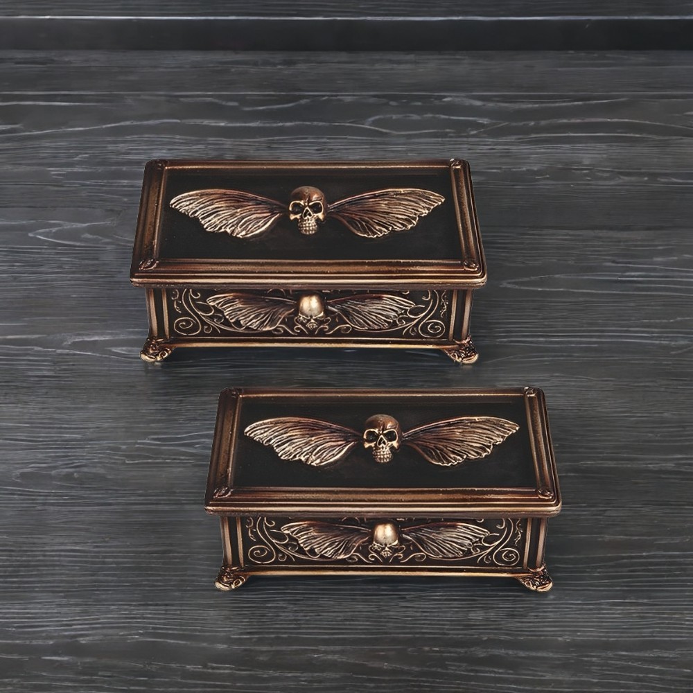 2-PC Gift Set 6”W Skull Moth Trinket Box Ornament Home Decor Unique Gift
