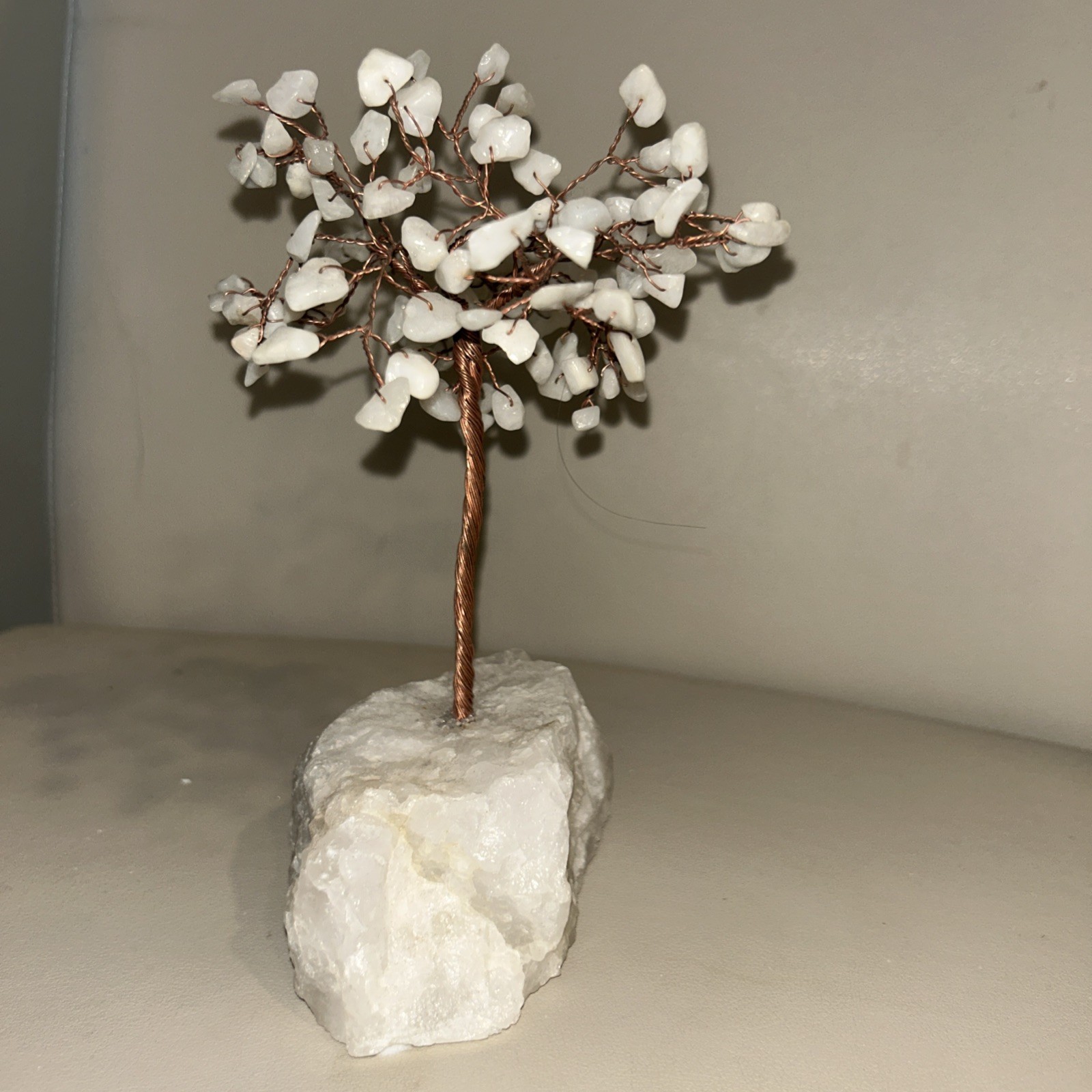 Vintage Bonsai Tree of Life White Jade Quartz Stone Wire Art Sculpture 8” x 6”