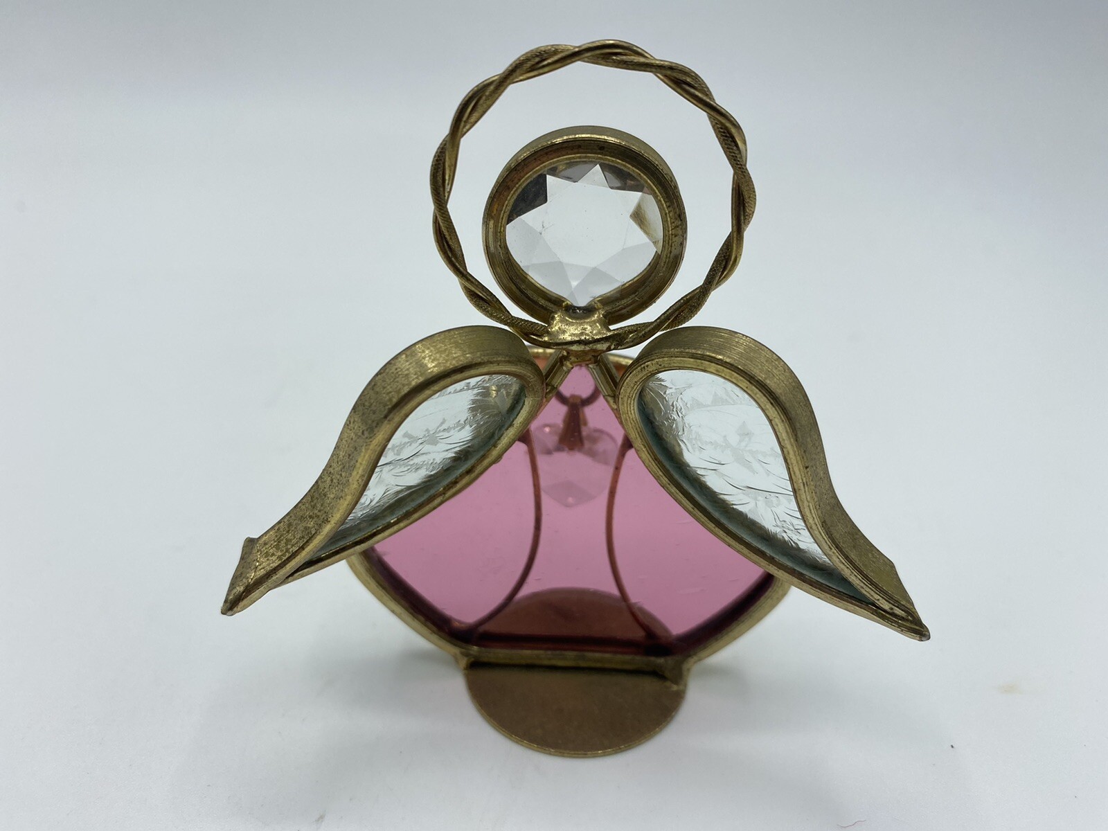 Vtg Stained Pink Clear Glass Metal Angel Figurine Ornament w/Heart 3 1/8″ Tall