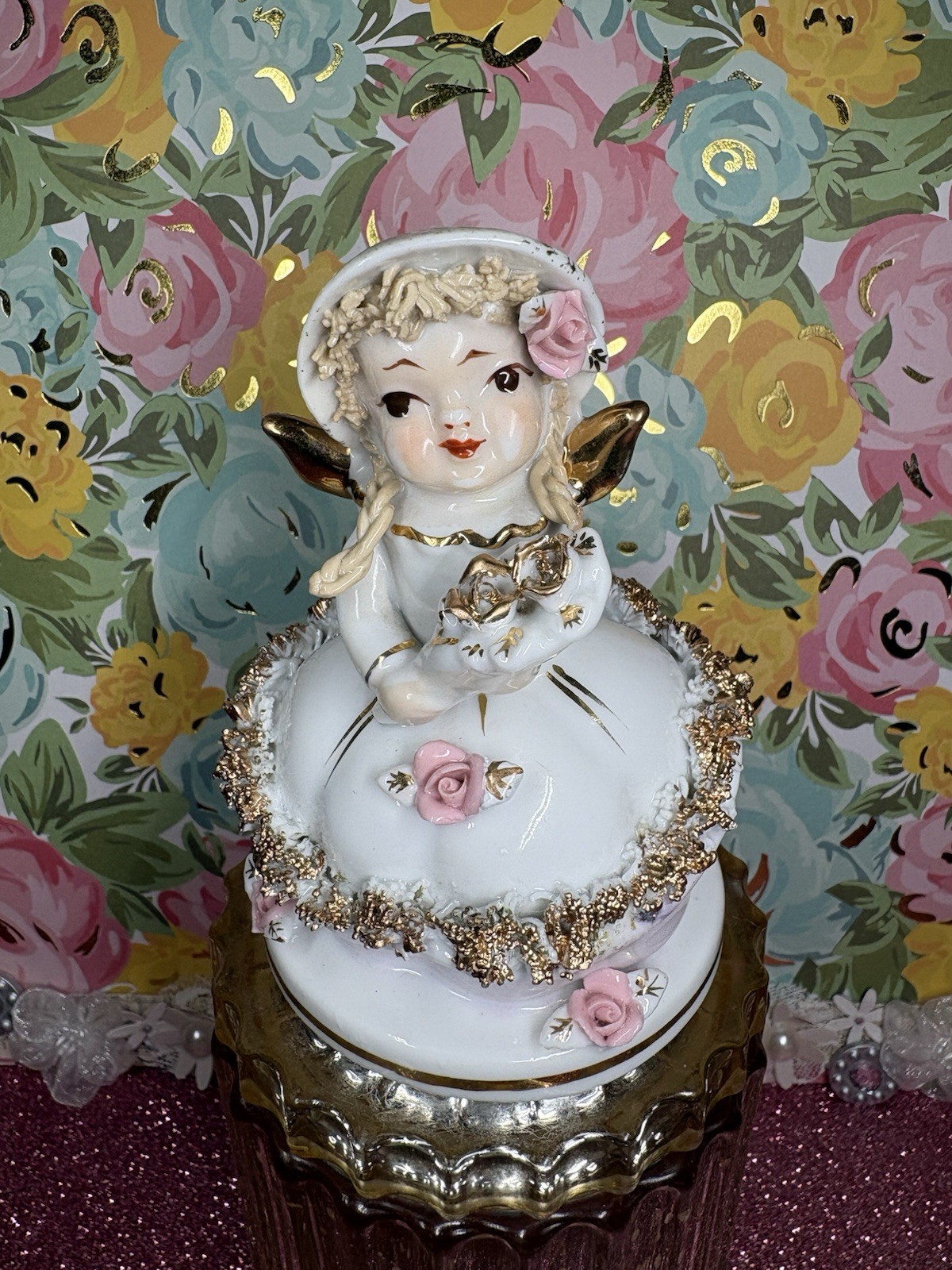 Vtg Lefton June Bride Angel Girl Gold Wings Pink Roses Figurine Japan Repaired