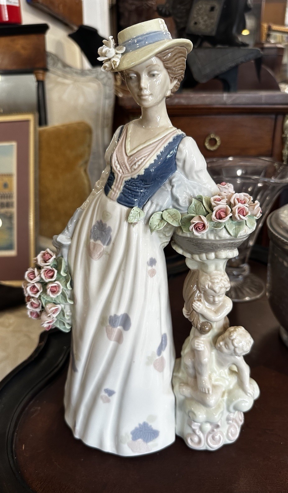 Large Marco Giner Woman with Roses by Birdbath 14″ Statue Figurine, Spain