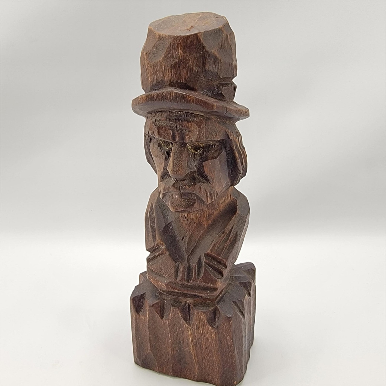 Hand Carved Wood Old Man Hat Bust Mini Figurine Statue Medium Brown 5.5″