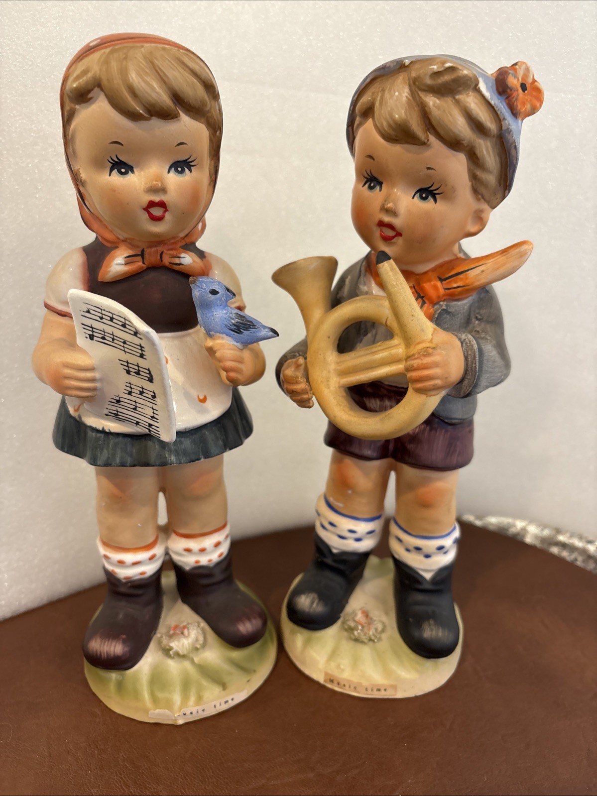 ORIGINAL ARNART CREATION/JAPAN FIGURINES/BOY PLAYING A HORN/GIRL BLUE BIRD