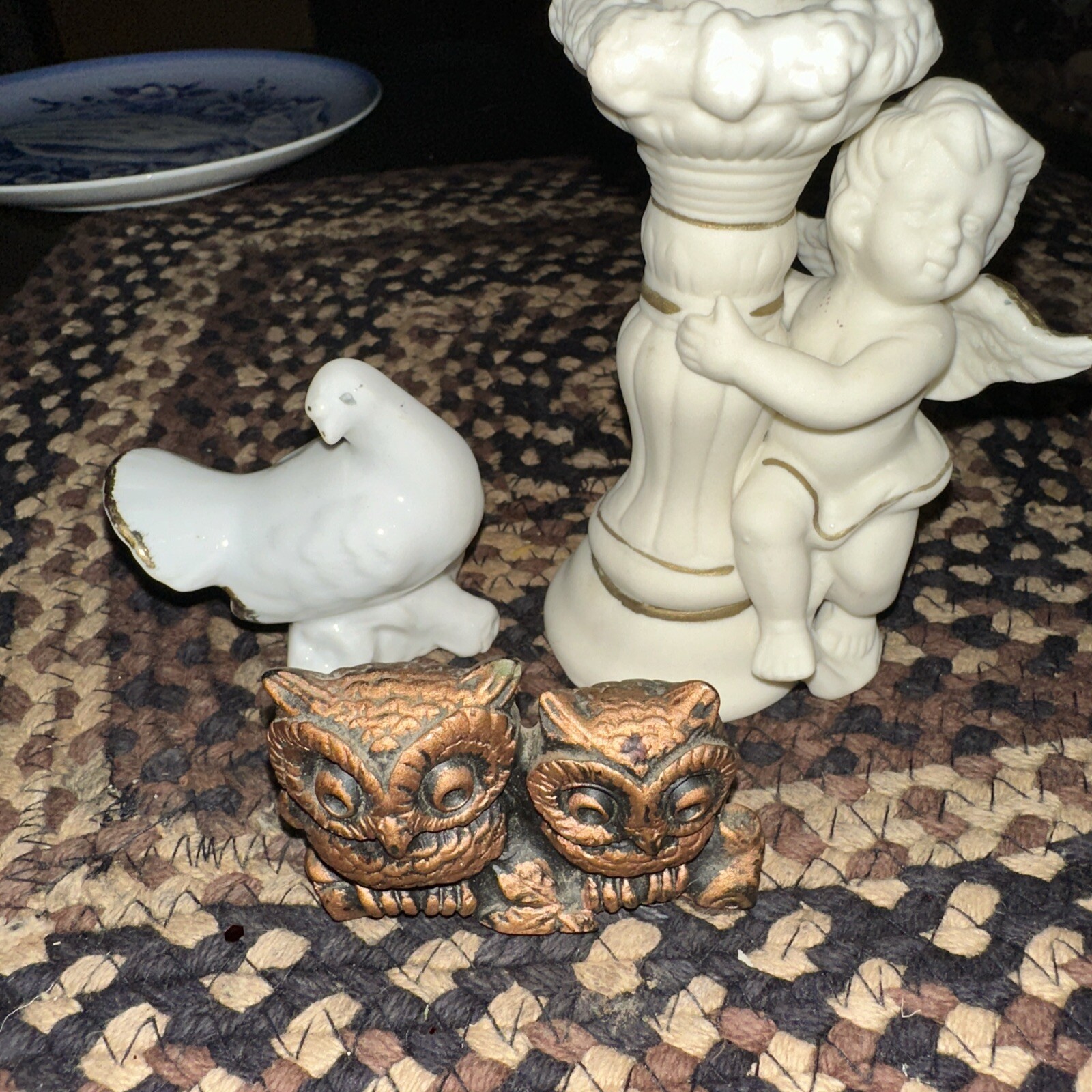 VINTAGE~SET of 3 Ceramic, Pair Of Owls, Turkey, Cherub Candleholder