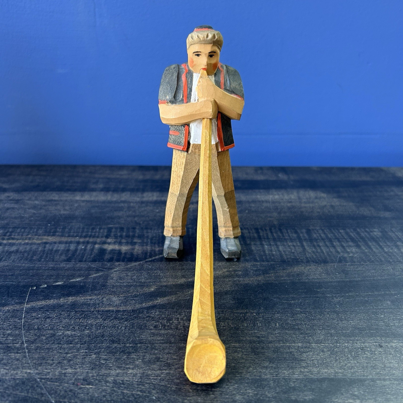 Vintage Hand Carved Wood Swiss Man Figurine Alphorn Player Switzerland Folk Art