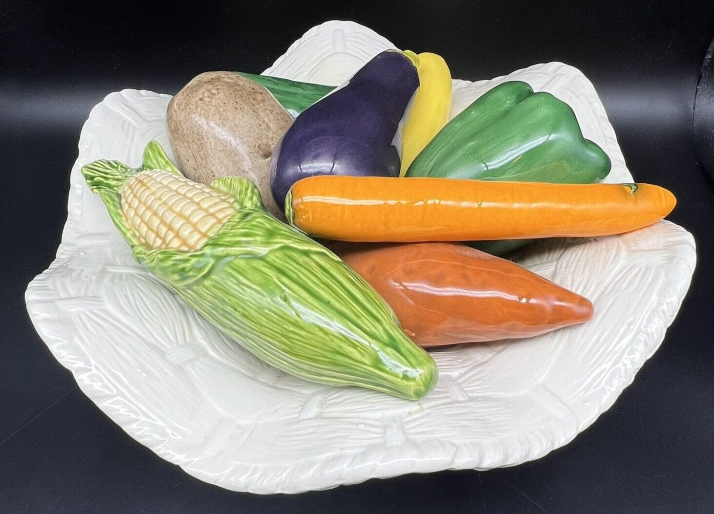 Vintage Hand Painted Ceramic Vegetables in a Bowl Centerpiece 11″ Basket Weave