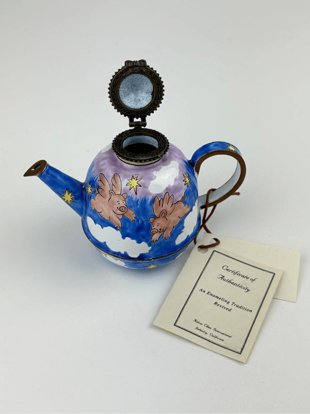 NOS Kelvin Chen Miniature Enamel Copper Decorative Teapot Flying Pig Pigs EN2563