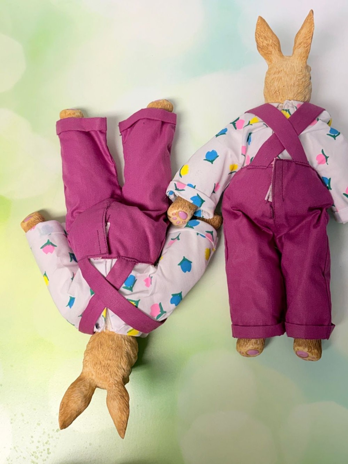 Pair Easter Bunny Rabbit Dolls Pink Overalls Floral Shirts Spring Decor