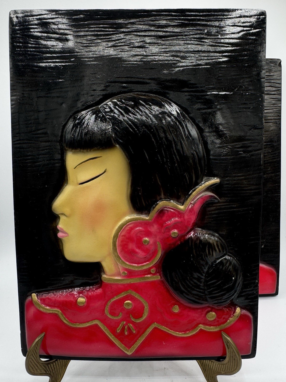 Vintage 3D Plaster Asian Woman Man Mid Century Wall Art China Japan Glossy