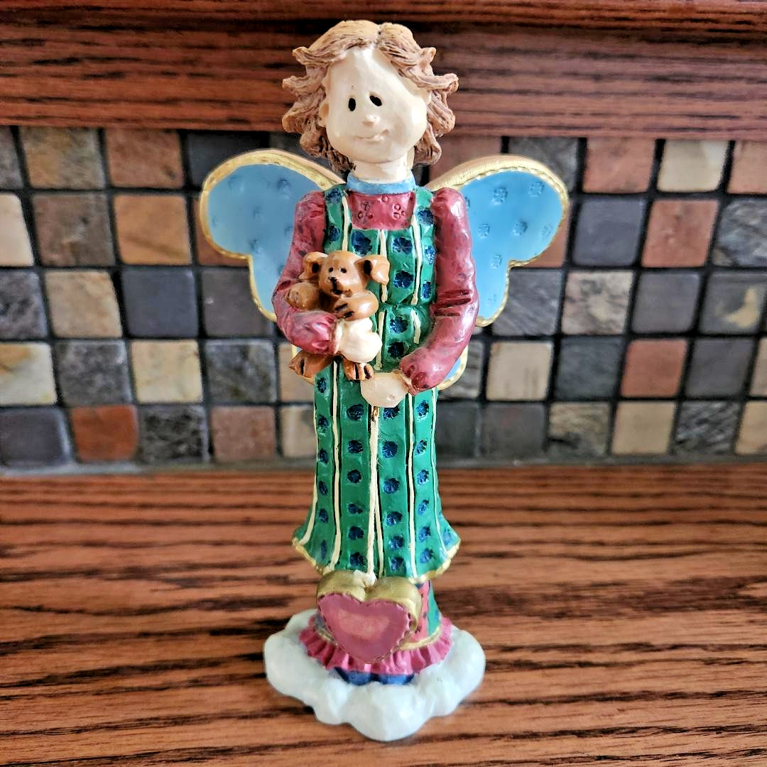 Vintage Russ Berrie Heavensent Angel Figurine 13826 Quilted Folk Art Dog Bear