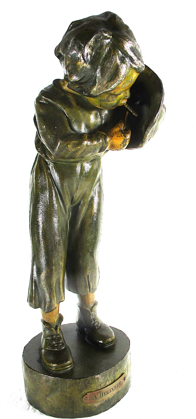 CA 1880S POLYCHROME SPELTER STATUE “THE BEGINNER” YOUNG BOY LIGHTING A CIGARETTE