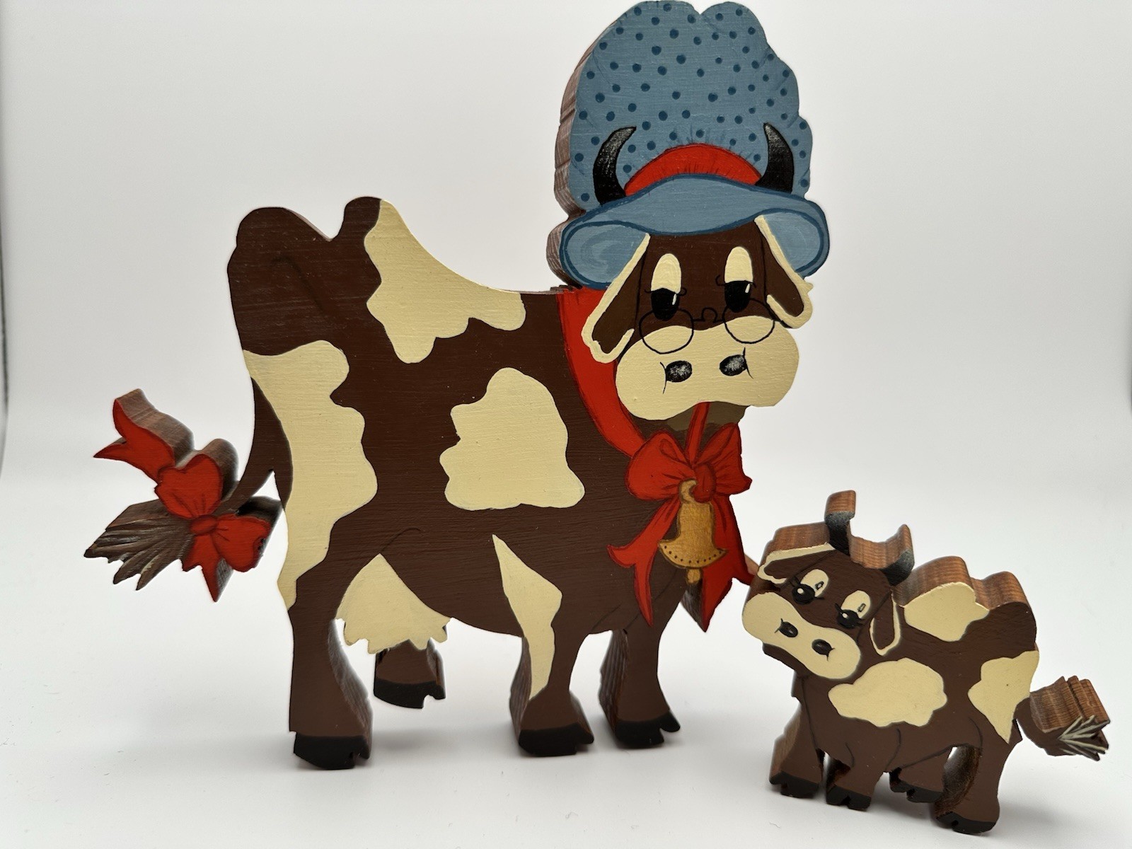 Hand Painted Wooden Farm Animals Signed Cow & Calf Folk Art Country Decor