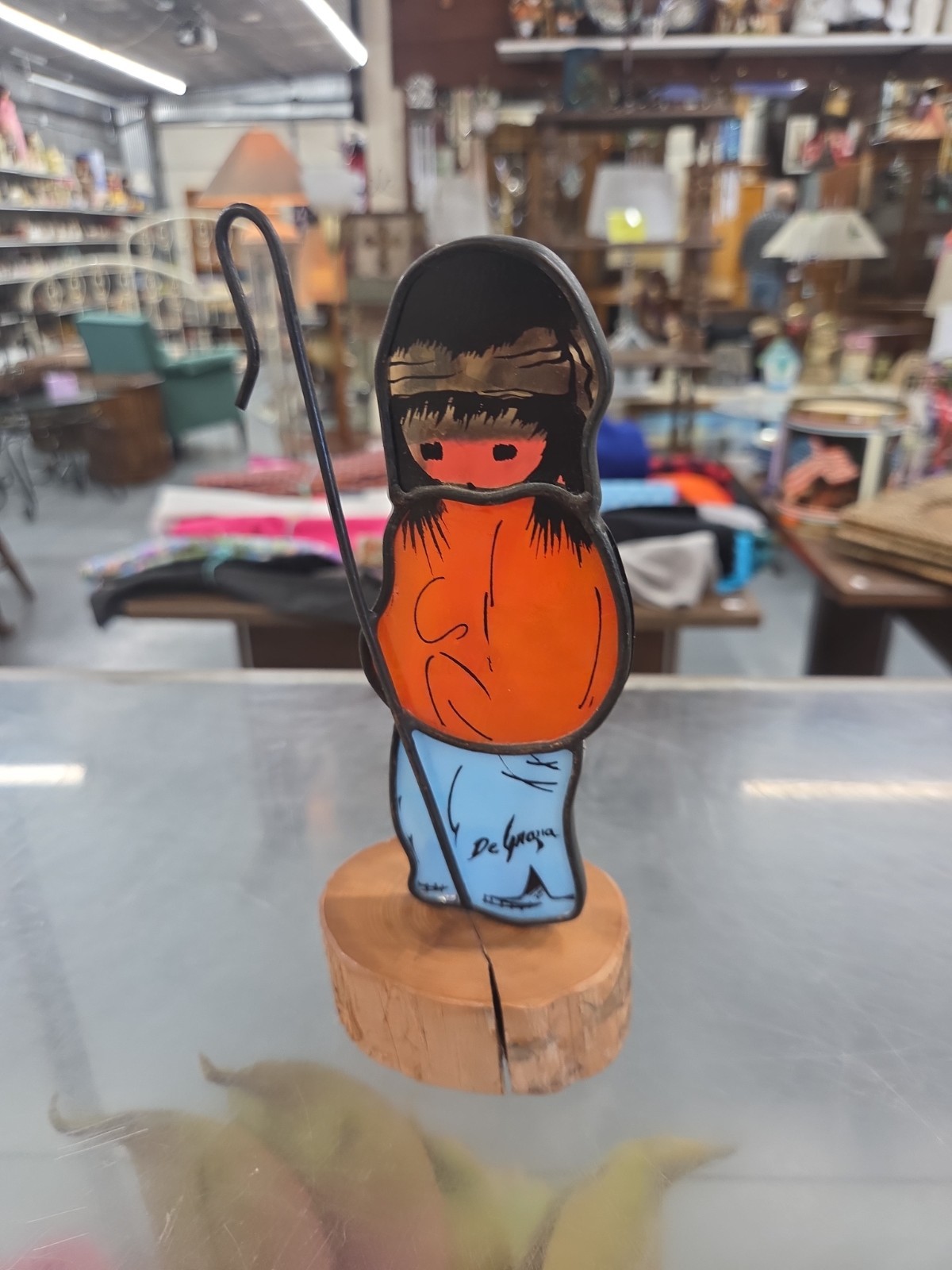 STAINED GLASS SHEPARD BOY SCULPTURE ON WOOD BLOCK BY DEGRAZIA