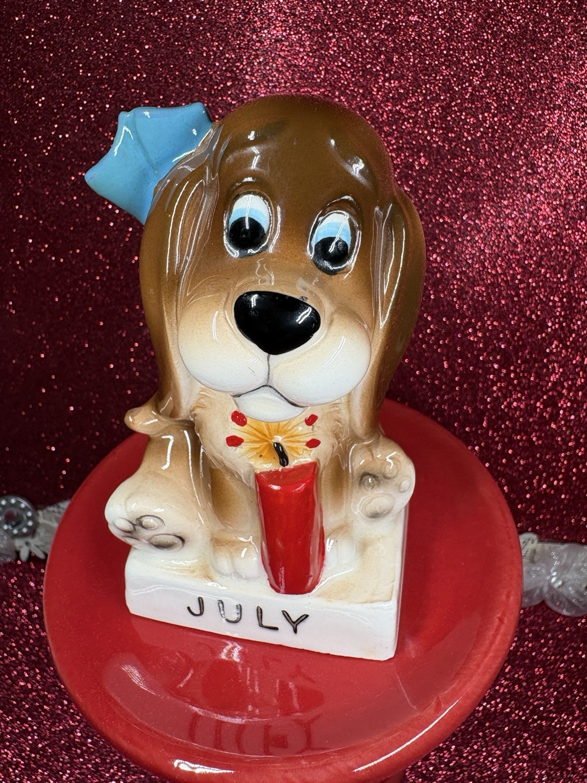 Vtg Norcrest July 4th Girl Dog W/ Big Blue Bow & Red Firecracker Figurine Japan