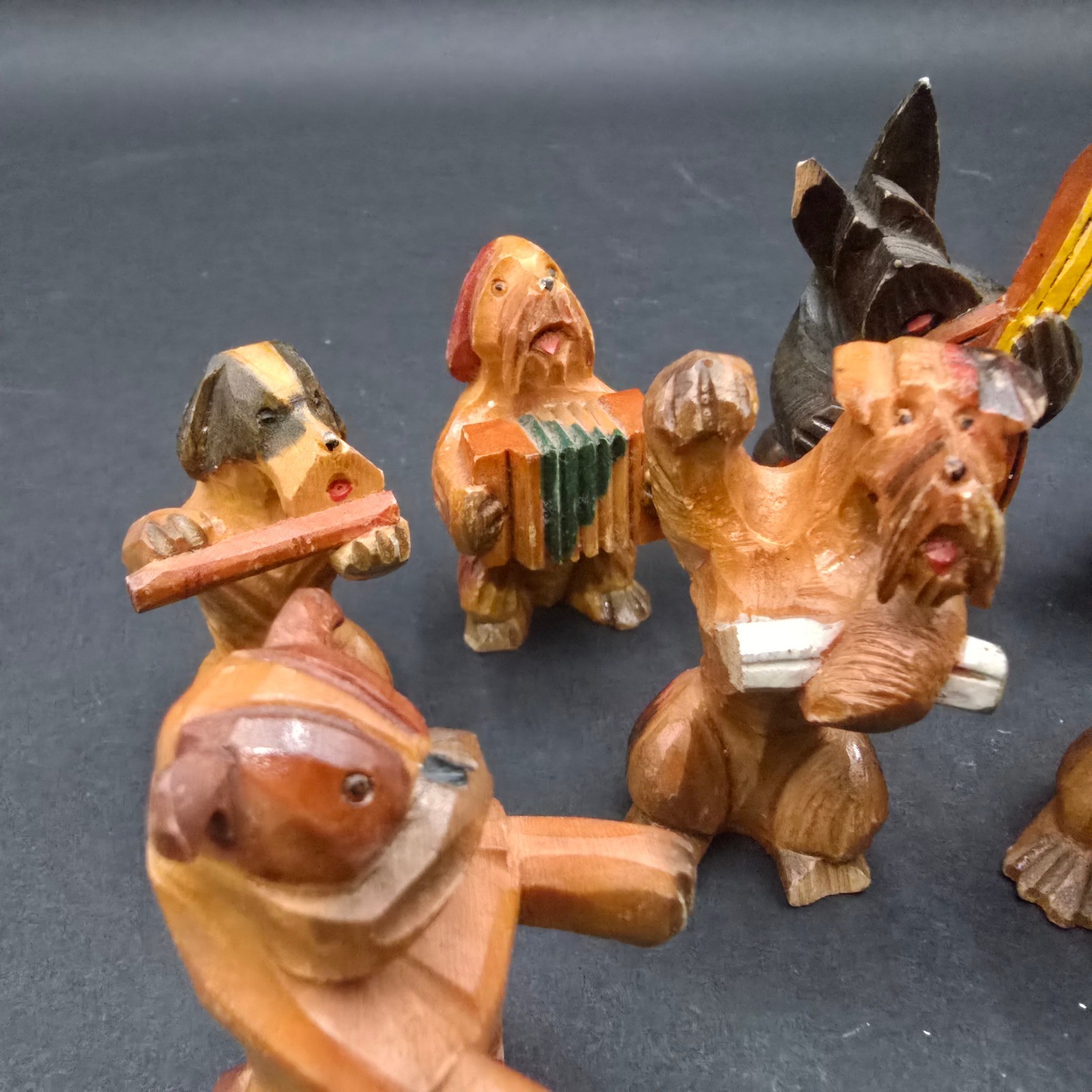 Vintage Hand Carved Wood Dog Band Figurines 8 Piece Set Musical Canine Orchestra