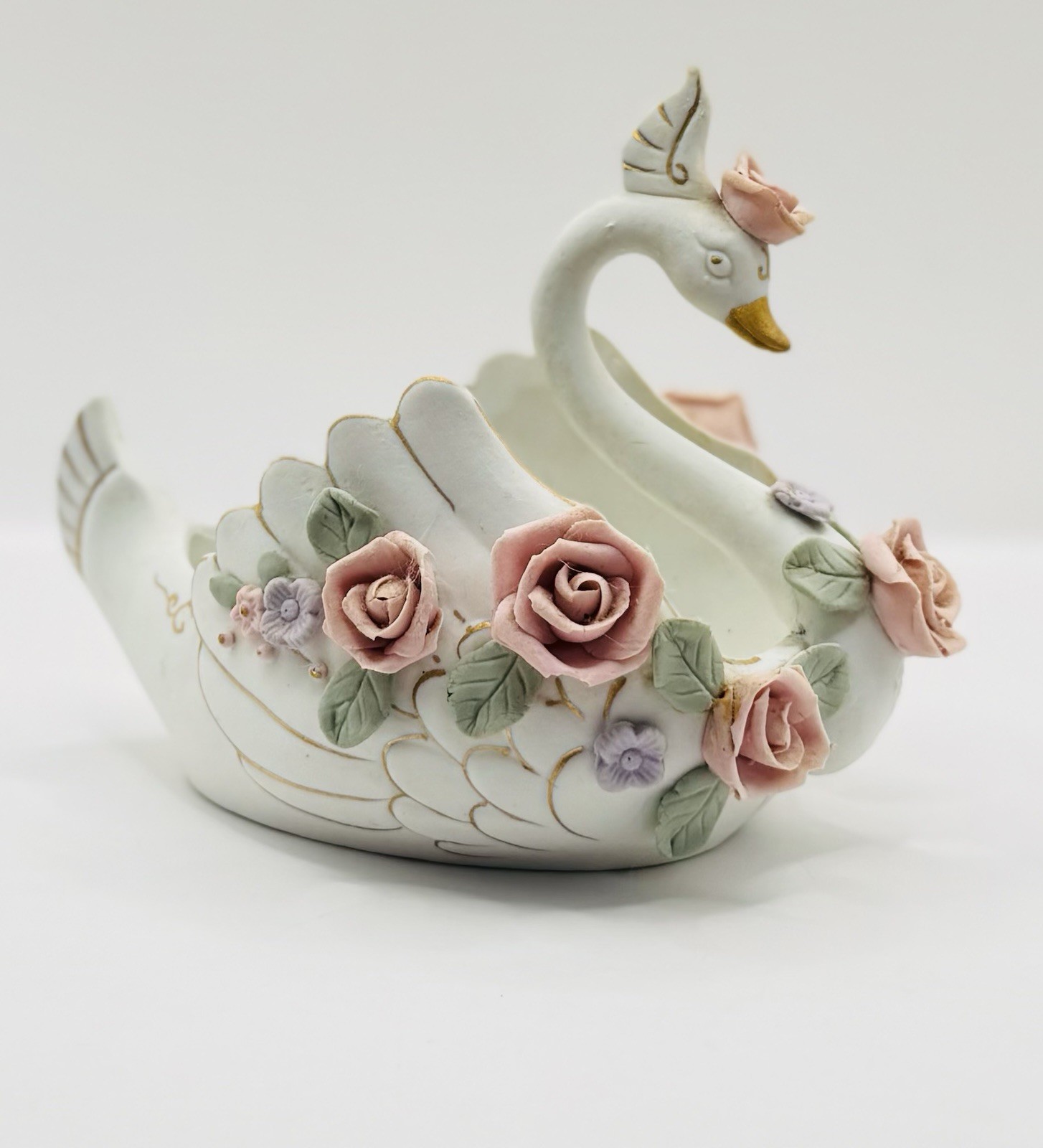 VTG Lefton China White Ornate Swan Hand Painted Pink Roses Planter Trinket Dish