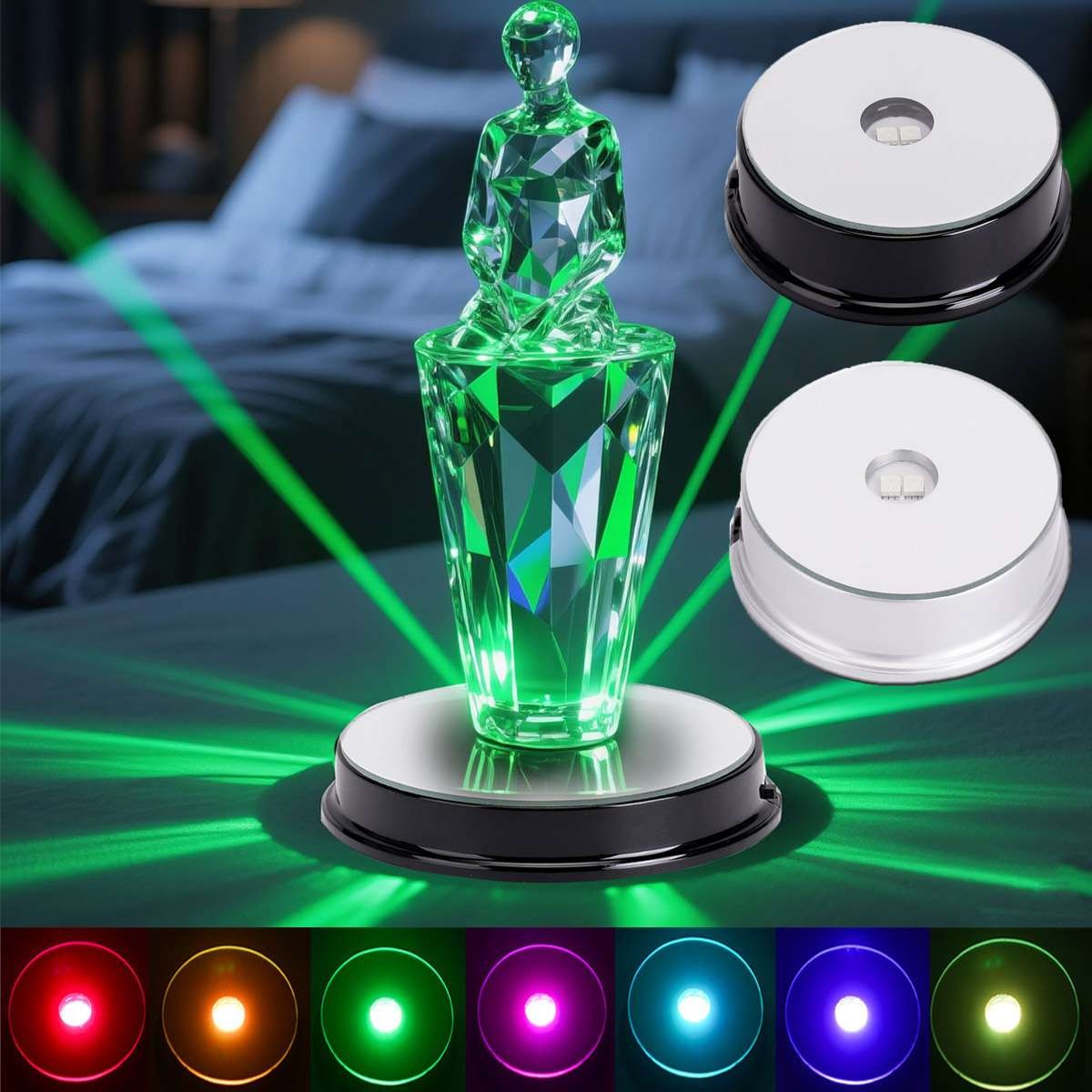 LED Light Display Base Stand Seven Color Lamp Holder Crystal Glass Art Figurinm