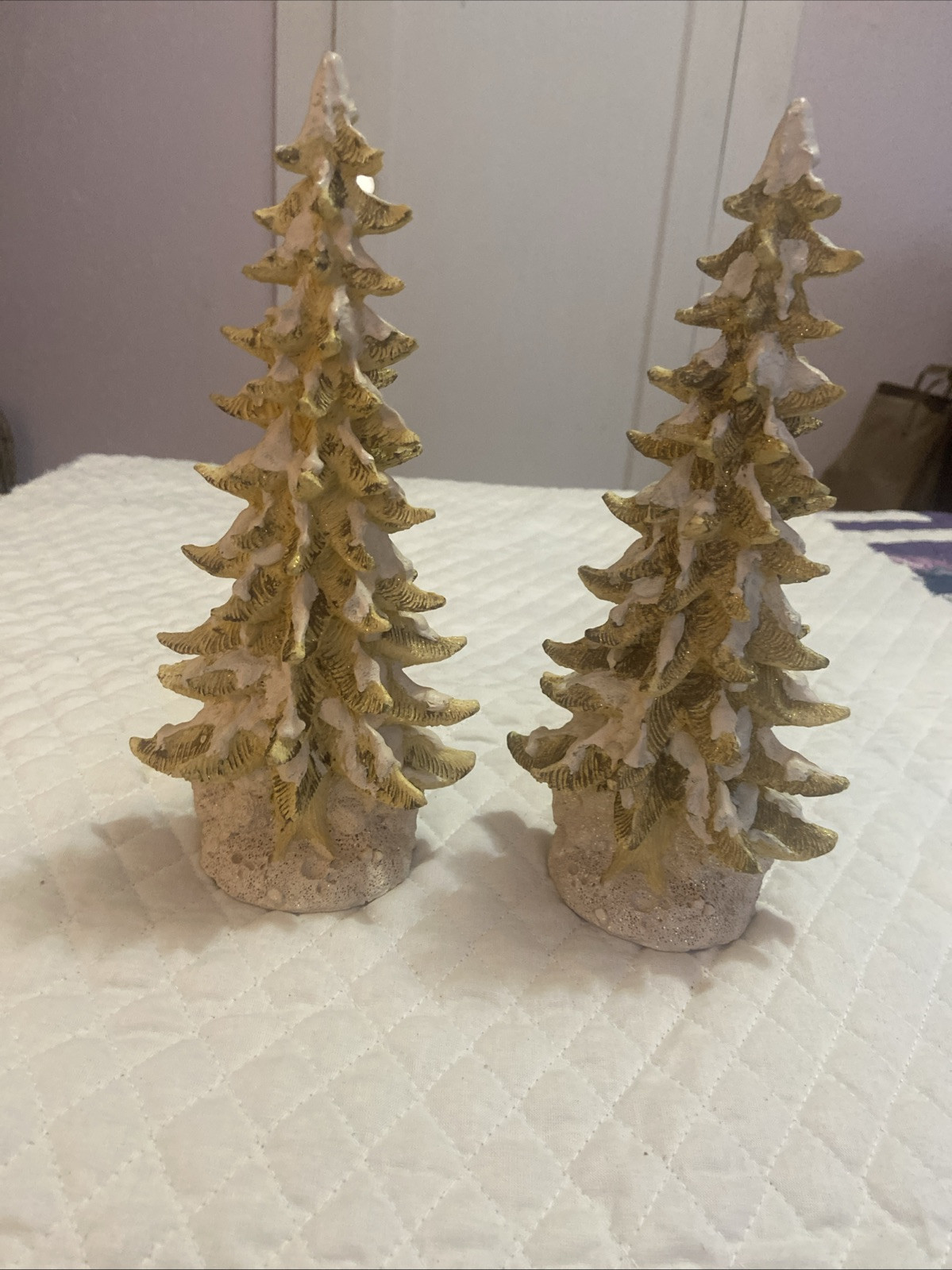 White & Gold Flocked Plaster & Clay Christmas Tree Sculptures Two (2). Charming