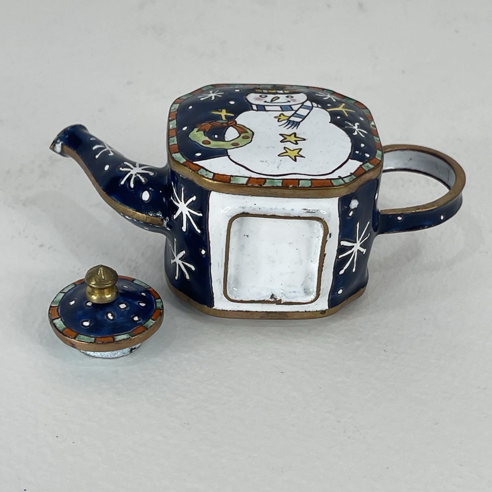 Miniature Enamel Copper Teapot Kelvin Chen Style Hand Painted Snowman Xmas VTG