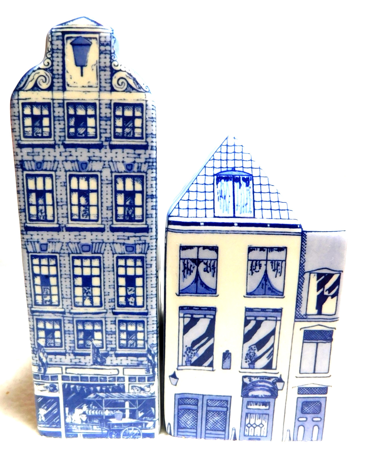 2 Vintage Delft Blue Ceramic Mini Canal Houses/ Seafood Shop + Singel N.R. 5