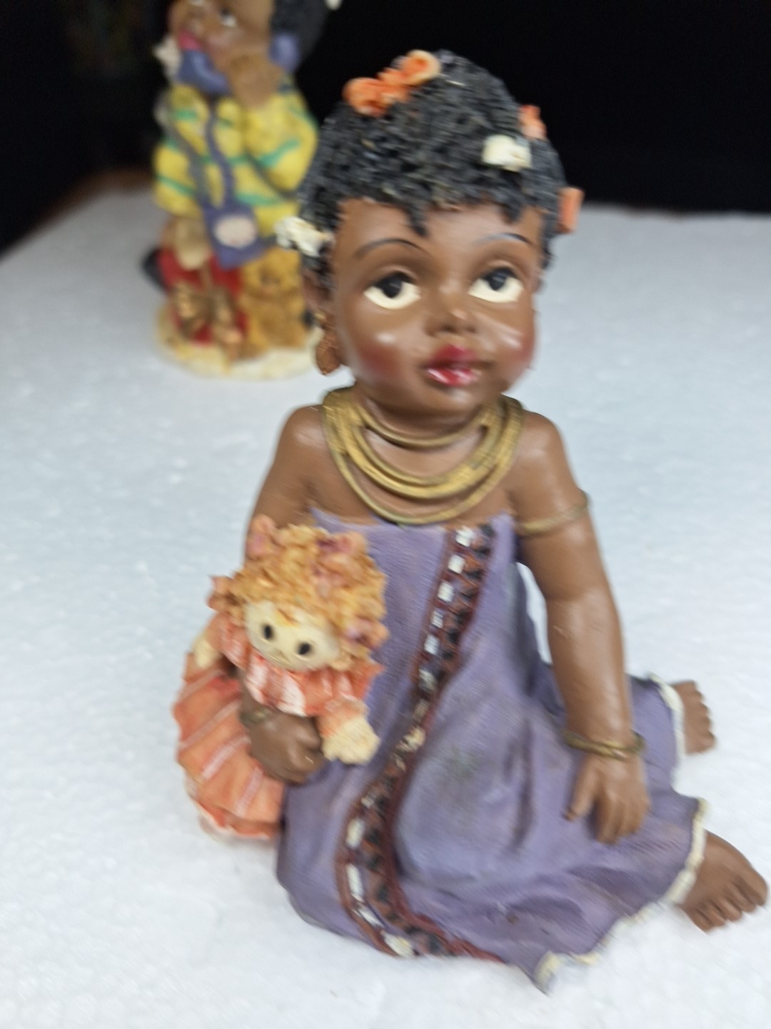 African American Girl 5” Tall Figurine In Purple Dress With Pony Tails