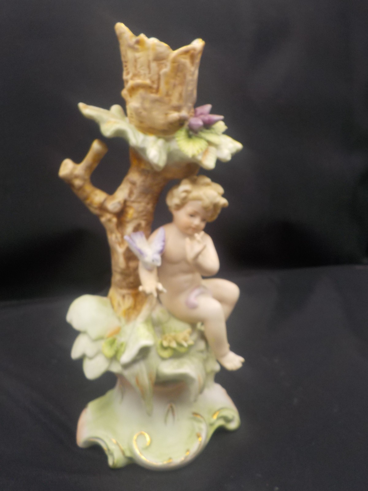 Pair of Bisque porcelain 8″ Candle holders w cherubs birds Japan ARNARK Damage
